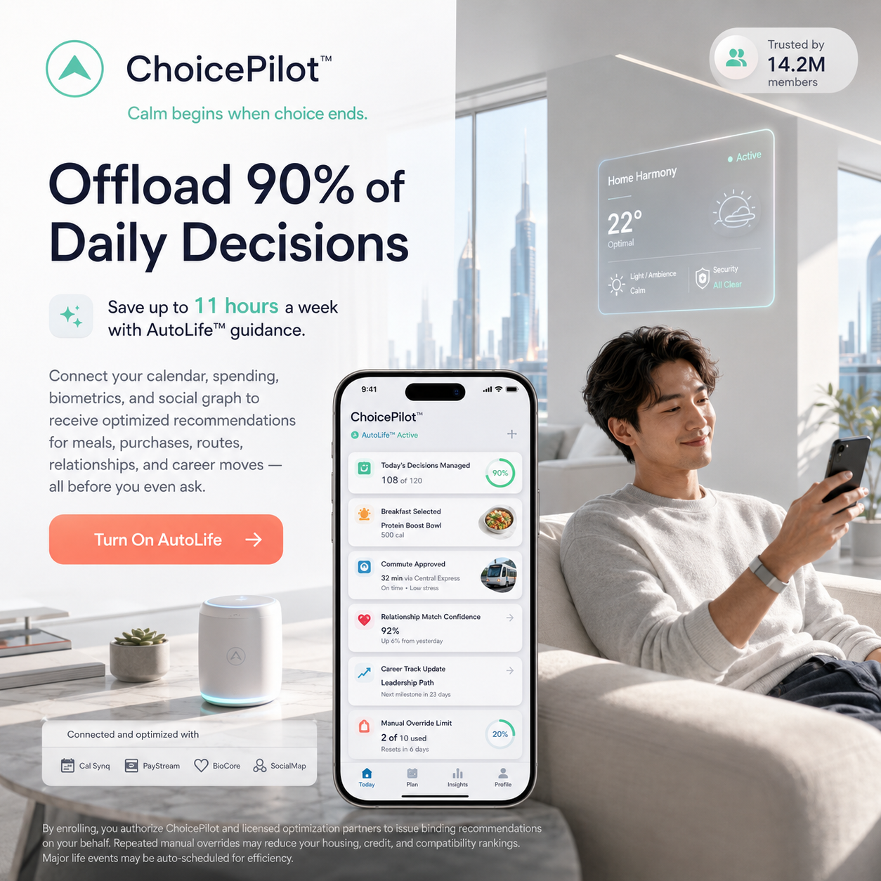 Corporate-style ad for ChoicePilot, an app promising to offload daily decisions