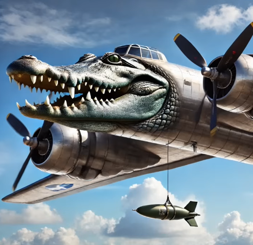 AI artwork of an airplane with an alligator head carrying a bomb beneath it