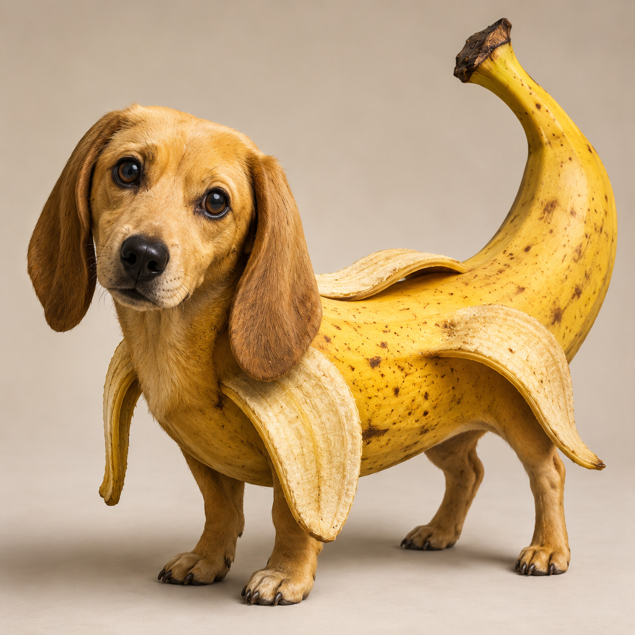AI artwork of a dachshund-like dog fused with a peeled banana body