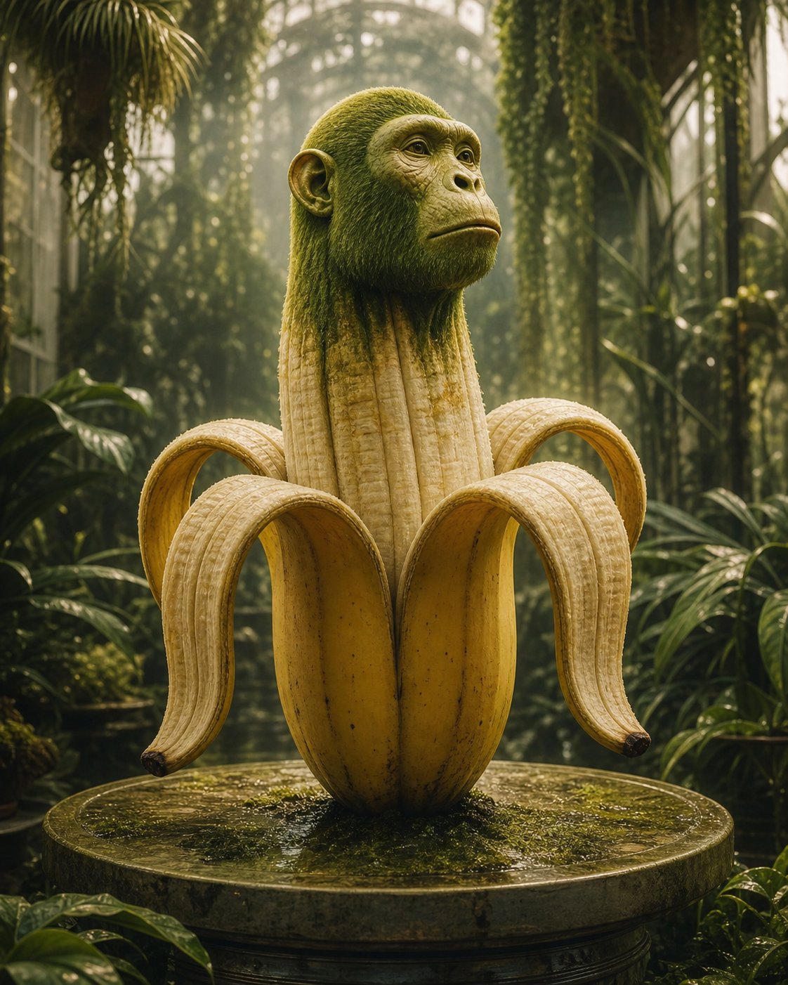 AI artwork of a green primate head emerging from a peeled banana in a conservatory