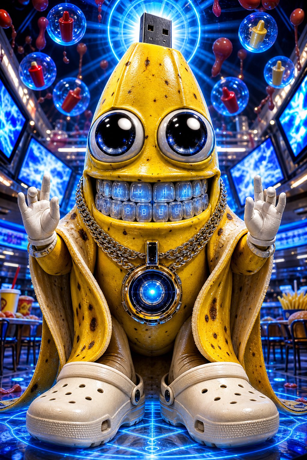 AI artwork of a banana fused with a USB plug and keyboard details