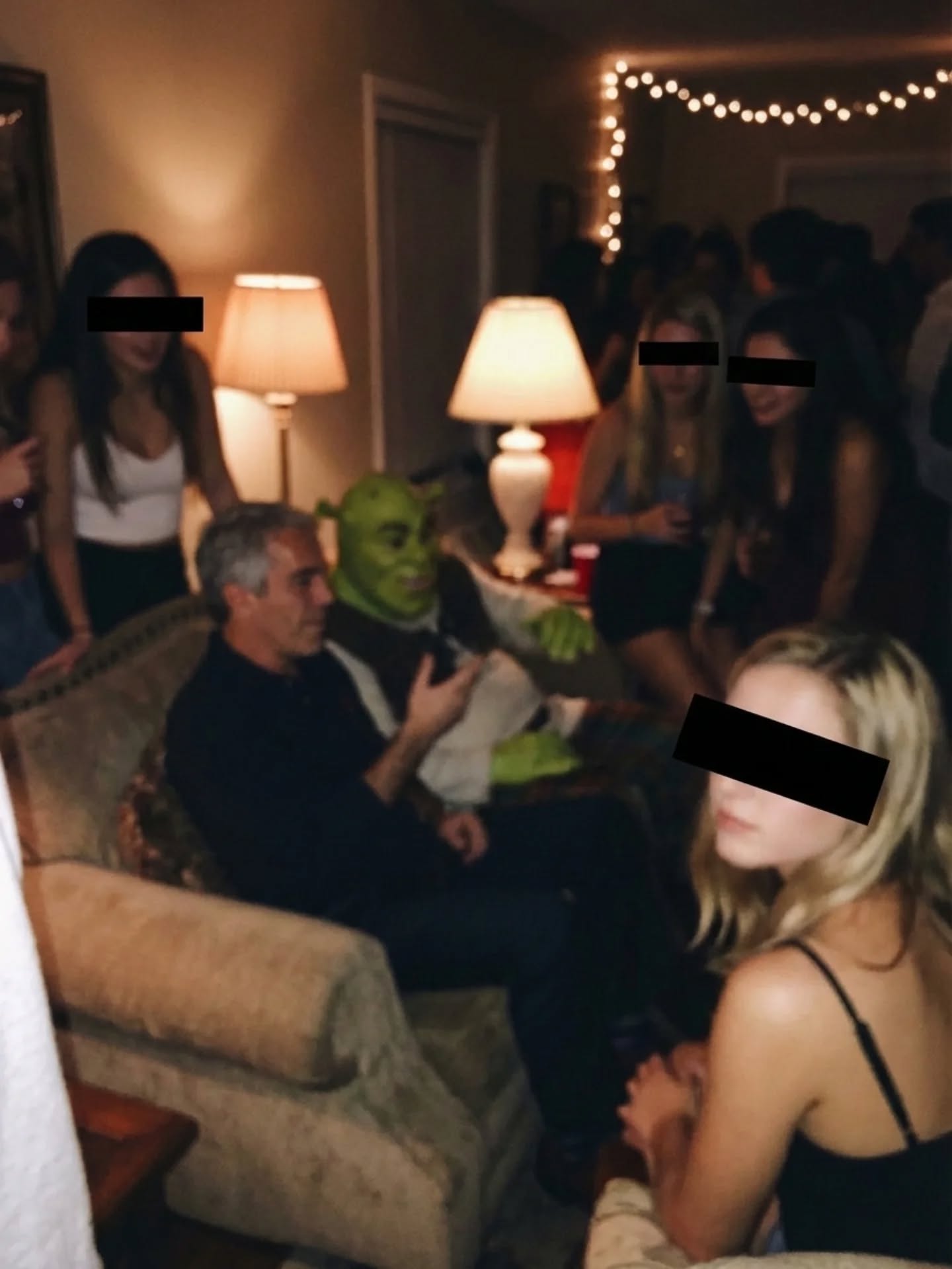 AI slop artwork of a crowded house party with redacted faces and a green costumed figure