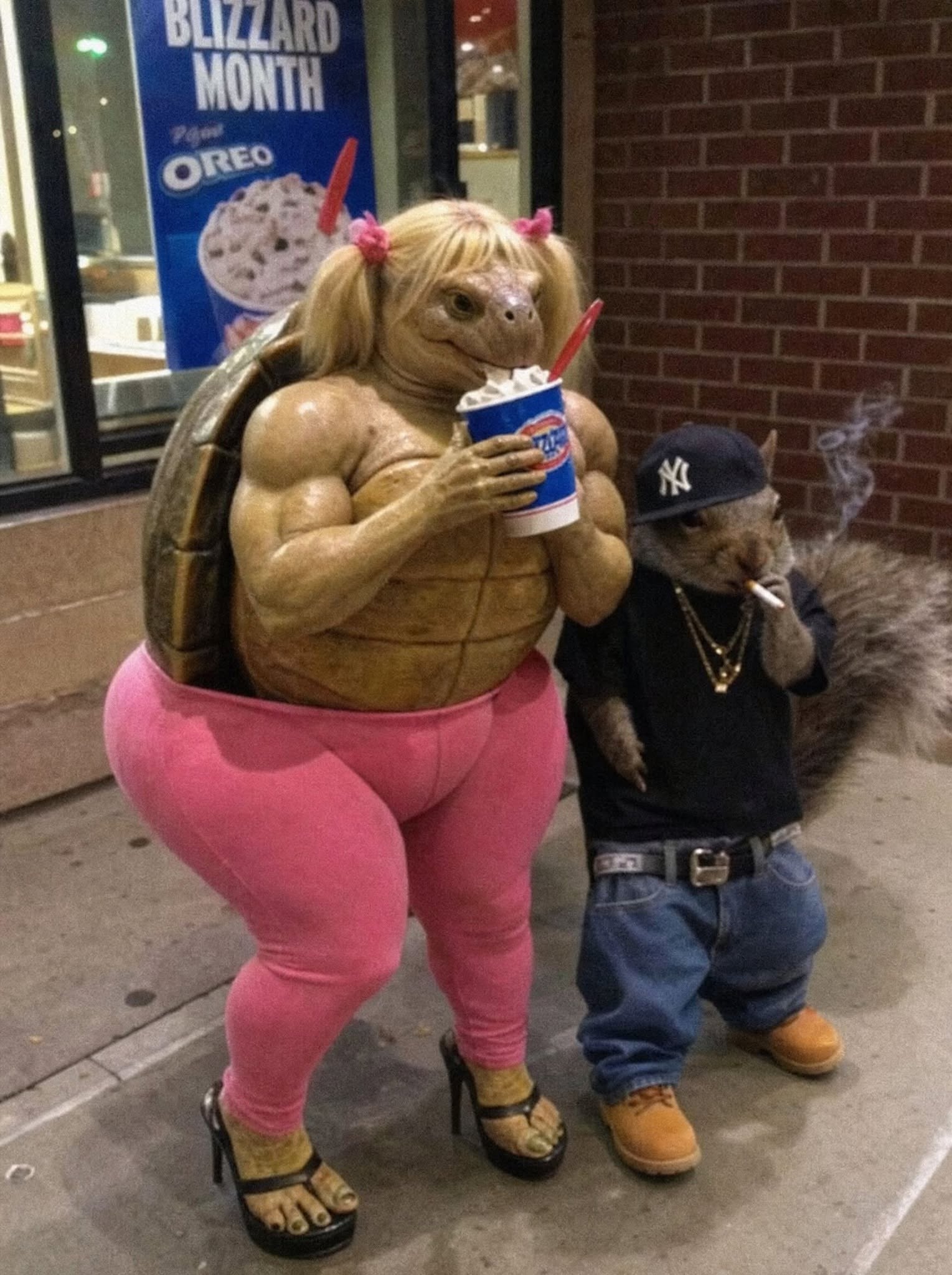 AI slop artwork of two costumed animal figures posing outside a fast-food storefront