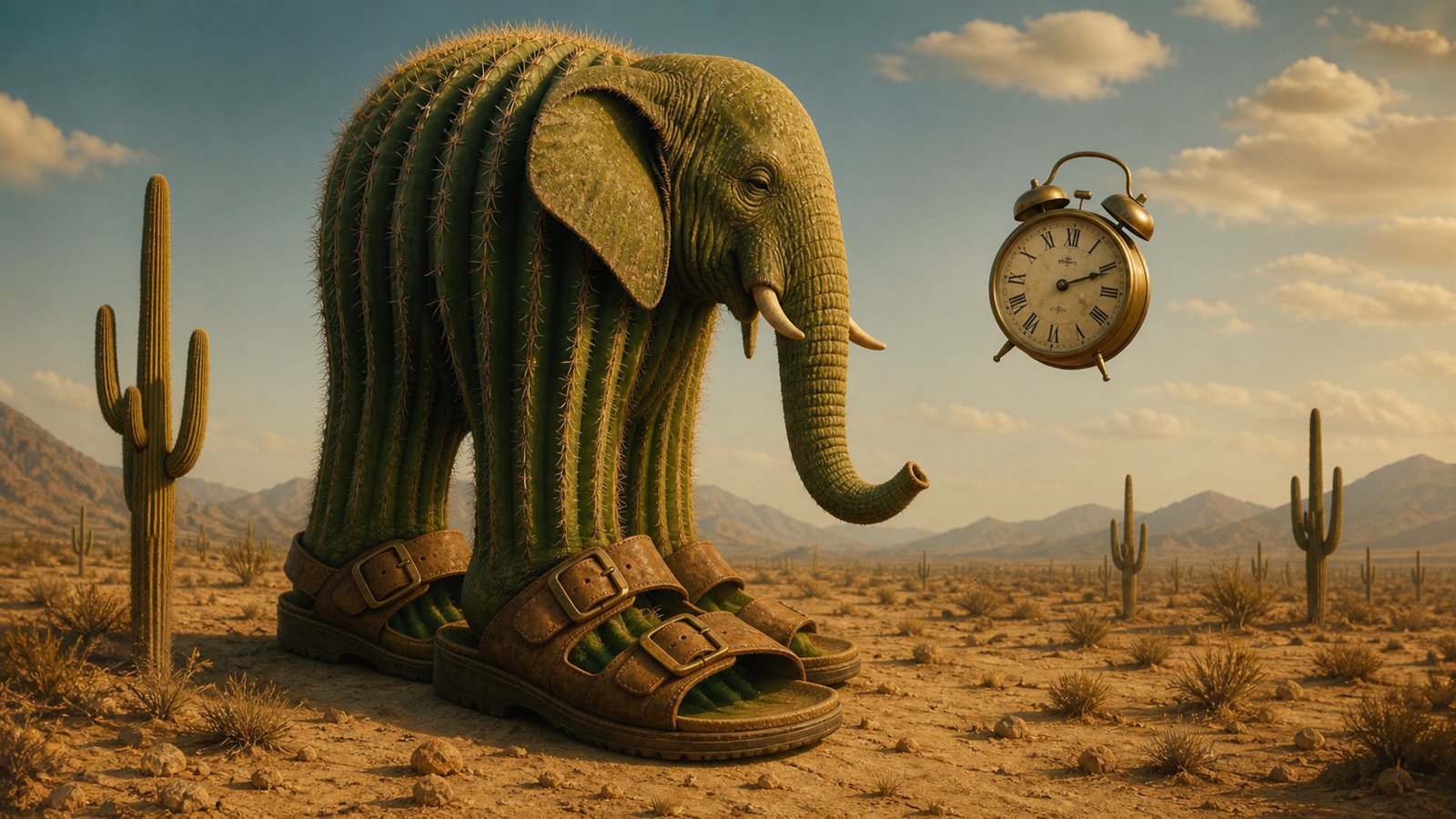AI artwork of a cactus elephant in sandals with a floating clock in the desert