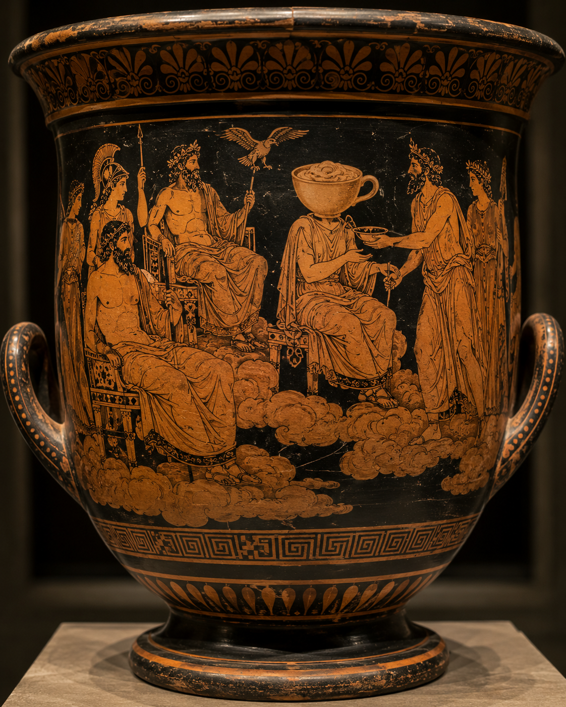 AI artwork of a classical vase scene where one seated figure has a foamy coffee cup for a head