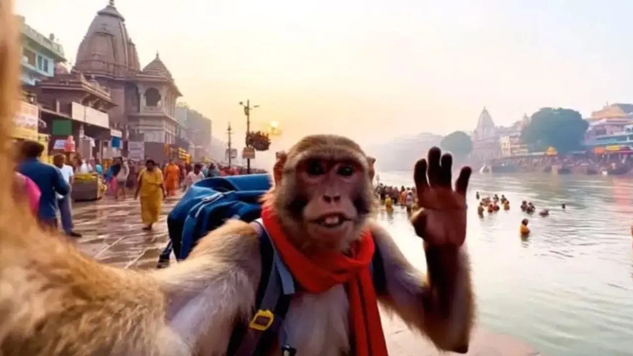 AI slop artwork of a monkey taking a selfie at a riverside ghat