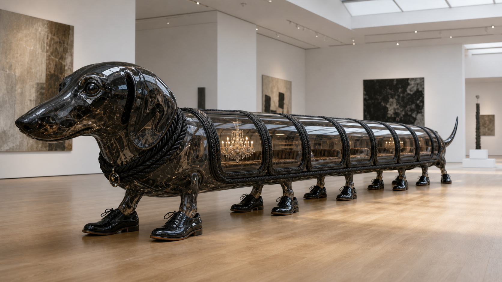 AI artwork of a long transparent dachshund with a chandelier inside its body