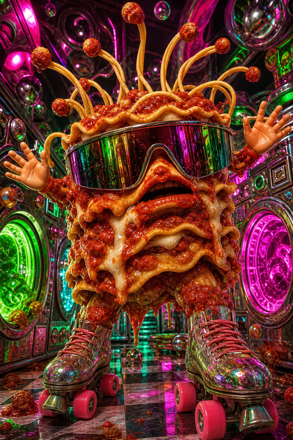 AI artwork of a glowing layered lasagna arcade shrine