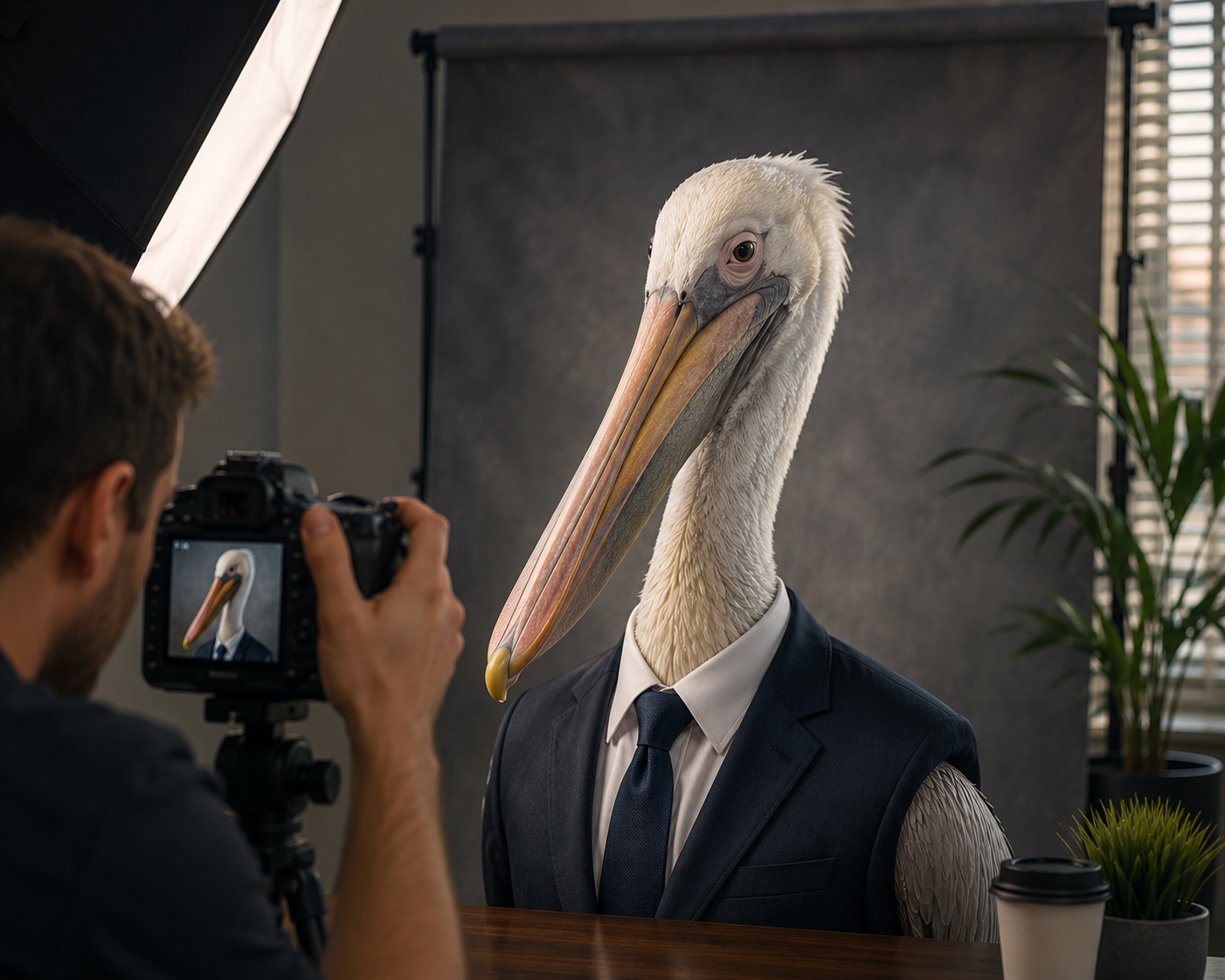 AI artwork of a pelican in a suit posing for a professional headshot