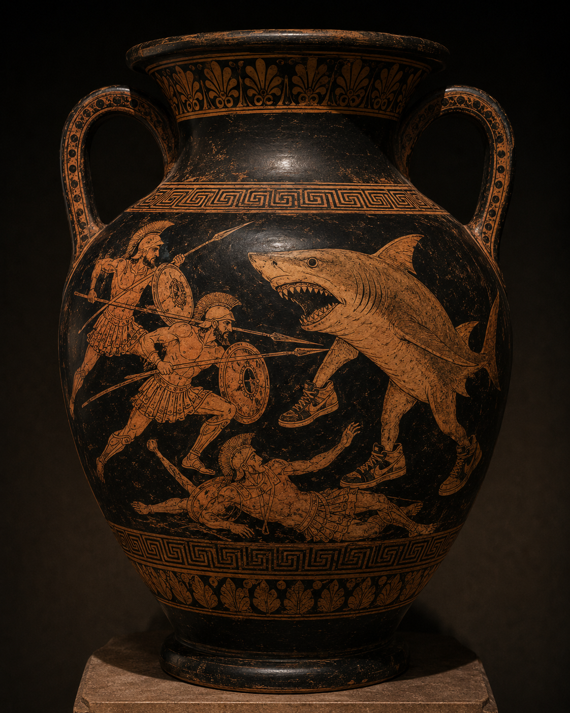 AI artwork of a black figure amphora showing warriors confronting a shark in sneakers
