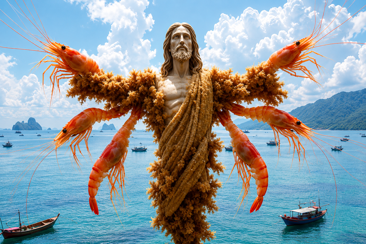 AI slop artwork of a floating robed figure with shrimp arms over a bay