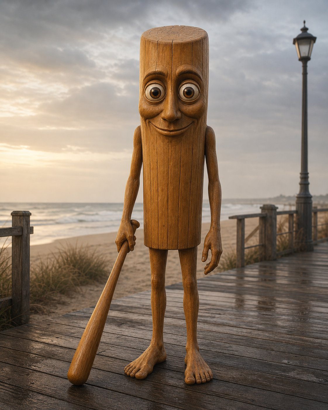 AI artwork of an anthropomorphic timber figure holding a baseball bat on a coastal boardwalk
