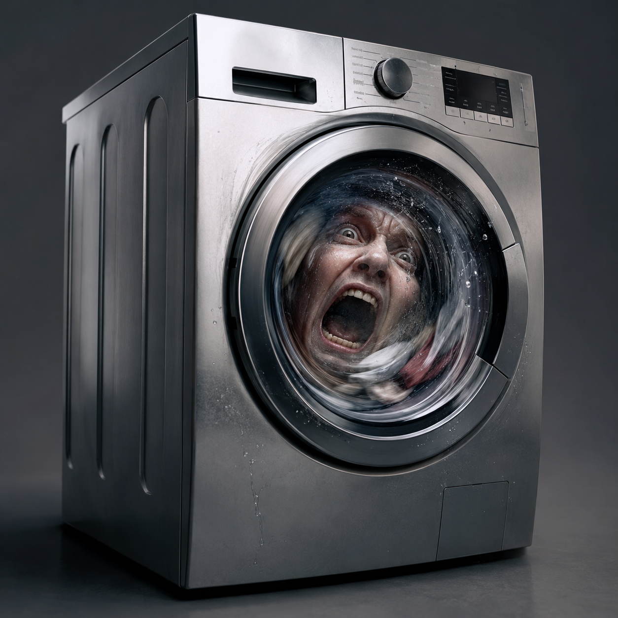 AI artwork of a screaming face visible inside the window of a washing machine