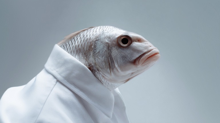 AI slop artwork of a fish wearing a white collared shirt in a studio portrait
